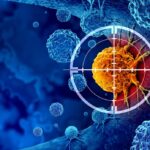 Cancer detection and screening as a treatment for malignant cells with a biopsy or testing caused by carcinogens and genetics with a cancerous cell as an immunotherapy symbol as a 3D render.